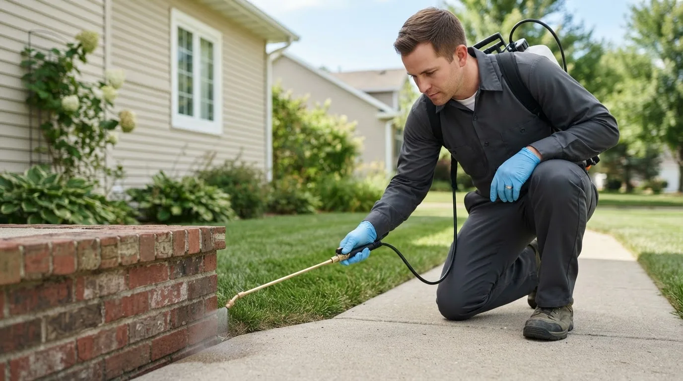 Pest control technician treating a home near South Wellfleet, MA